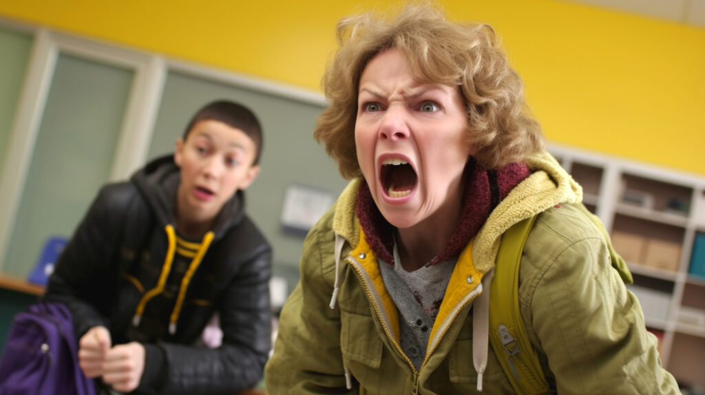 Młody człowiek odczuwa wstyd z powodu zachowania mamy.